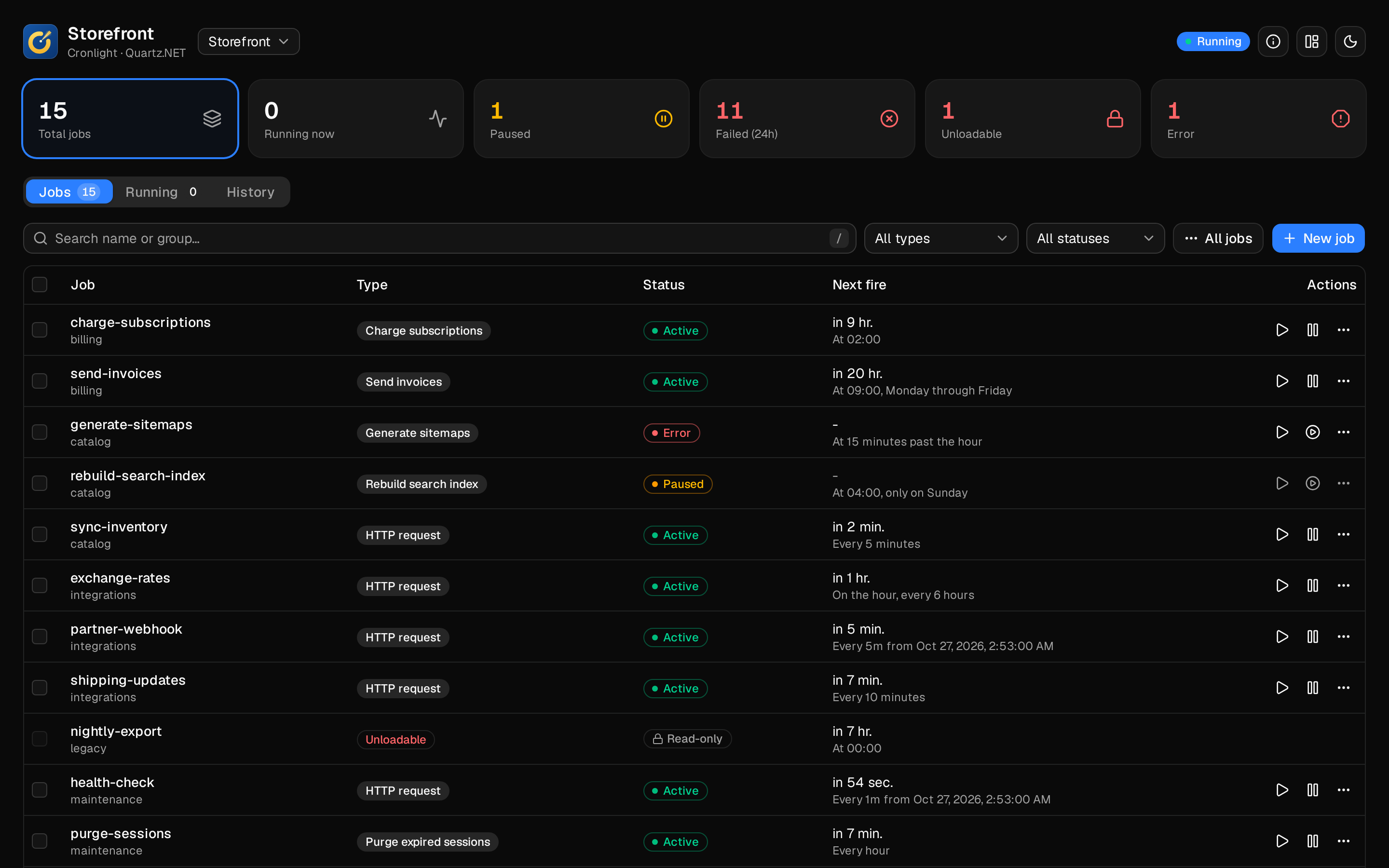 The Cronlight dashboard listing a scheduler’s jobs, with counts of running, paused and failed jobs