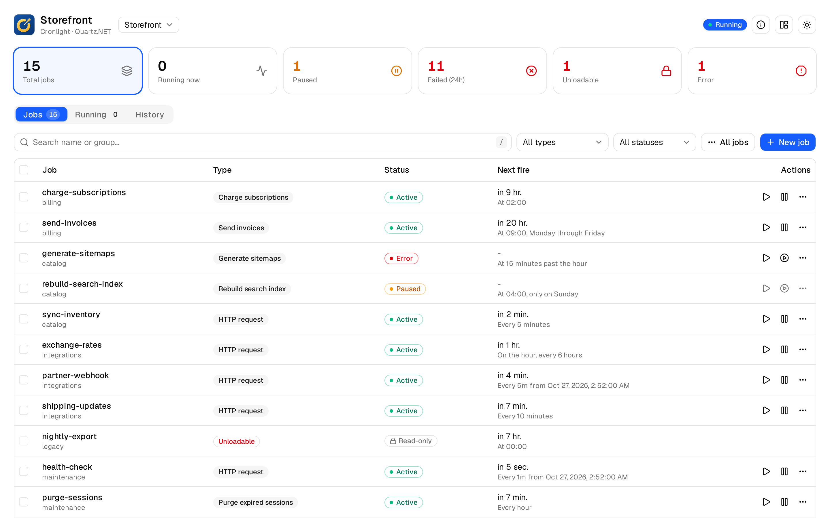 The Cronlight dashboard listing a scheduler’s jobs, with counts of running, paused and failed jobs